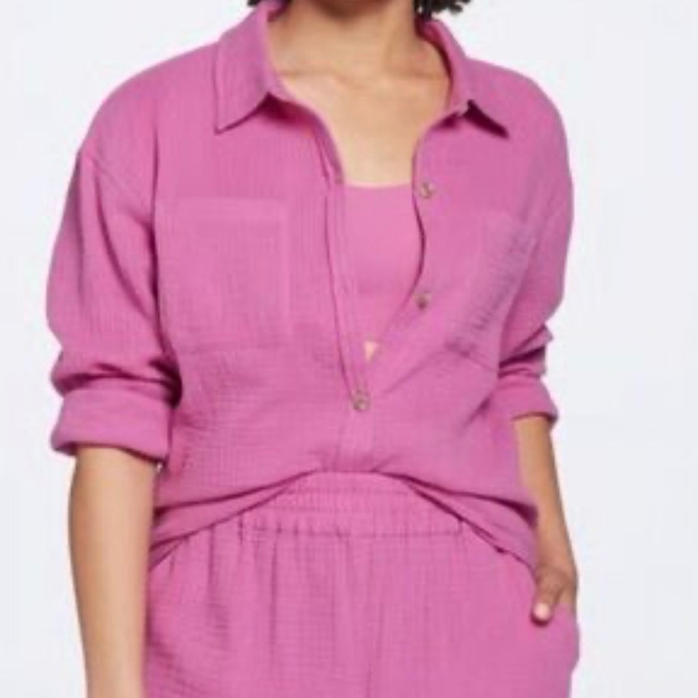Calia Oversized 100% Cotton Gauzy Button-Down Shirt in Fuchsia Pink Size M